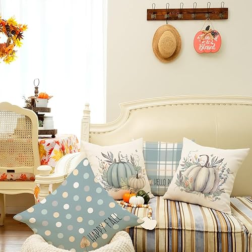 Miniatura 5 de Juego de 4 fundas de almohada de otoño de 20 x 20 pulgadas, diseño de búfalo a rayas, lunares, calabazas, hojas, decoración de interiores,