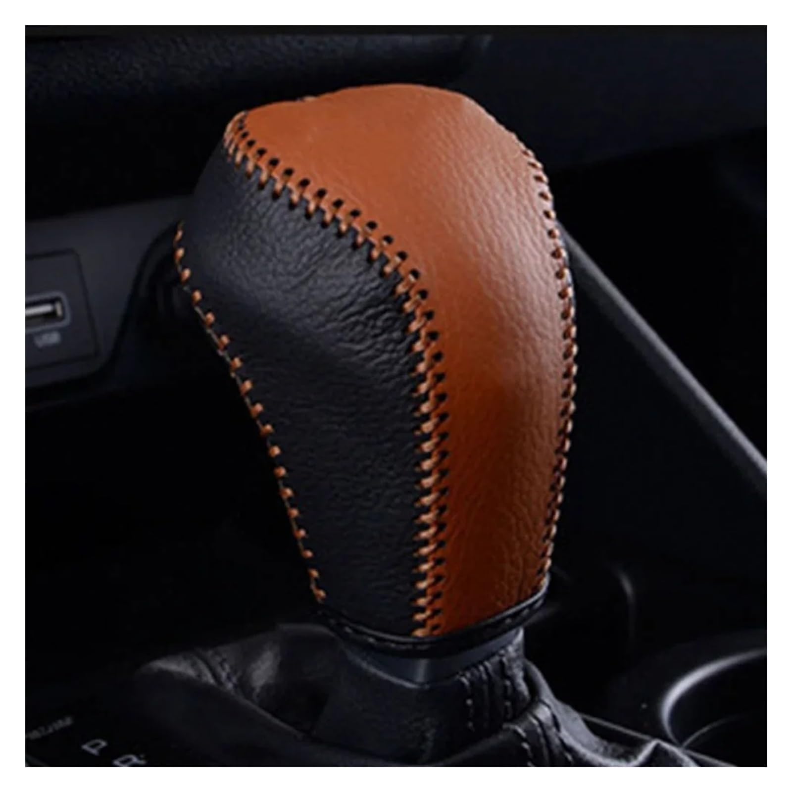 DWTNMEX Gear Shift Knob for Hyundai for Tucson 2015-2018 Leather Car Gear Shift Collars AT Head Knob Cover(Black-Brown)