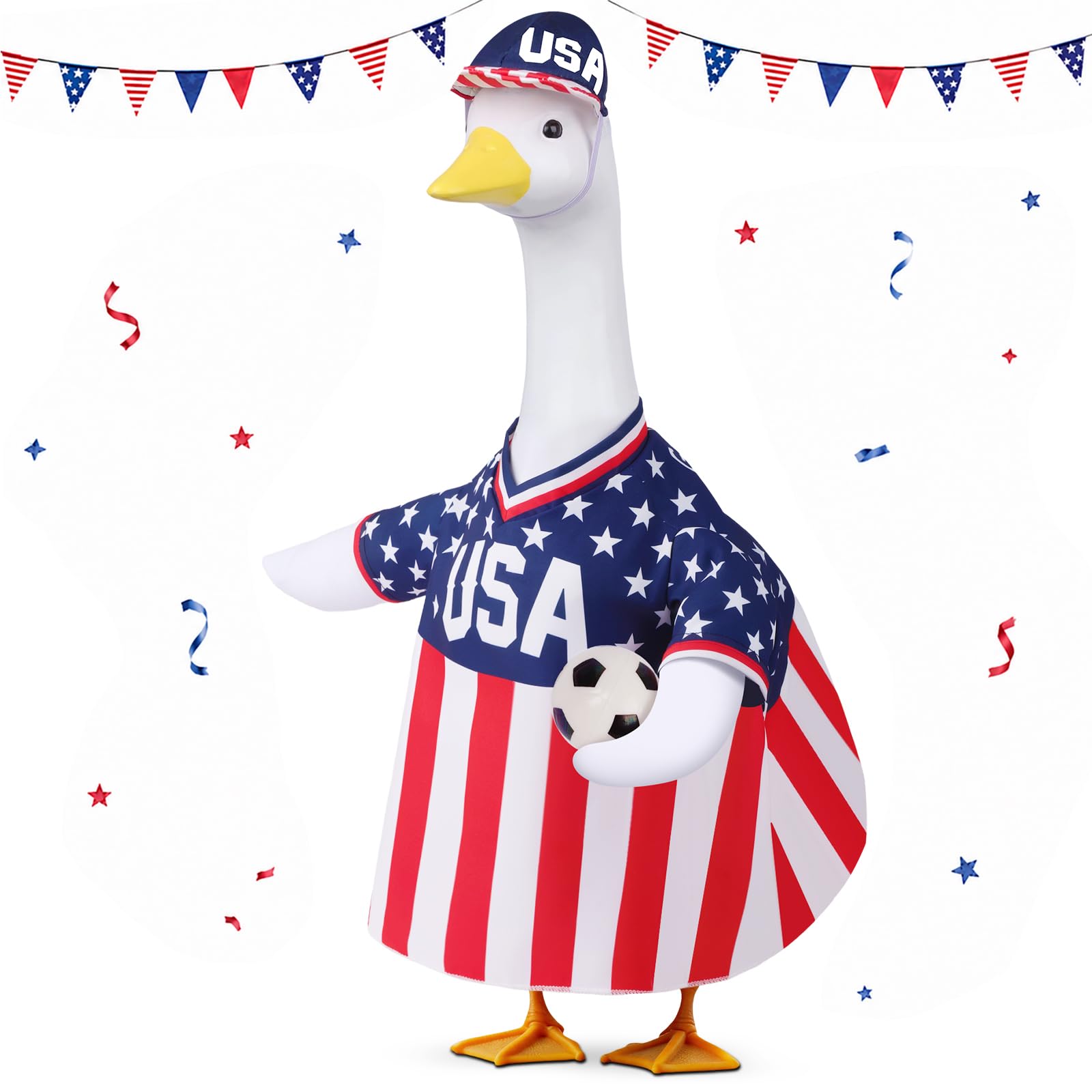Soccer Cup Porch Goose Outfits, 23” 4th of July Porch Goose Outfit with Jersey, Cap and Soccer, Patriotic Goose Clothes for Summer, Independence Day, Fans Football Party, Sports Season, Outdoor Lawn