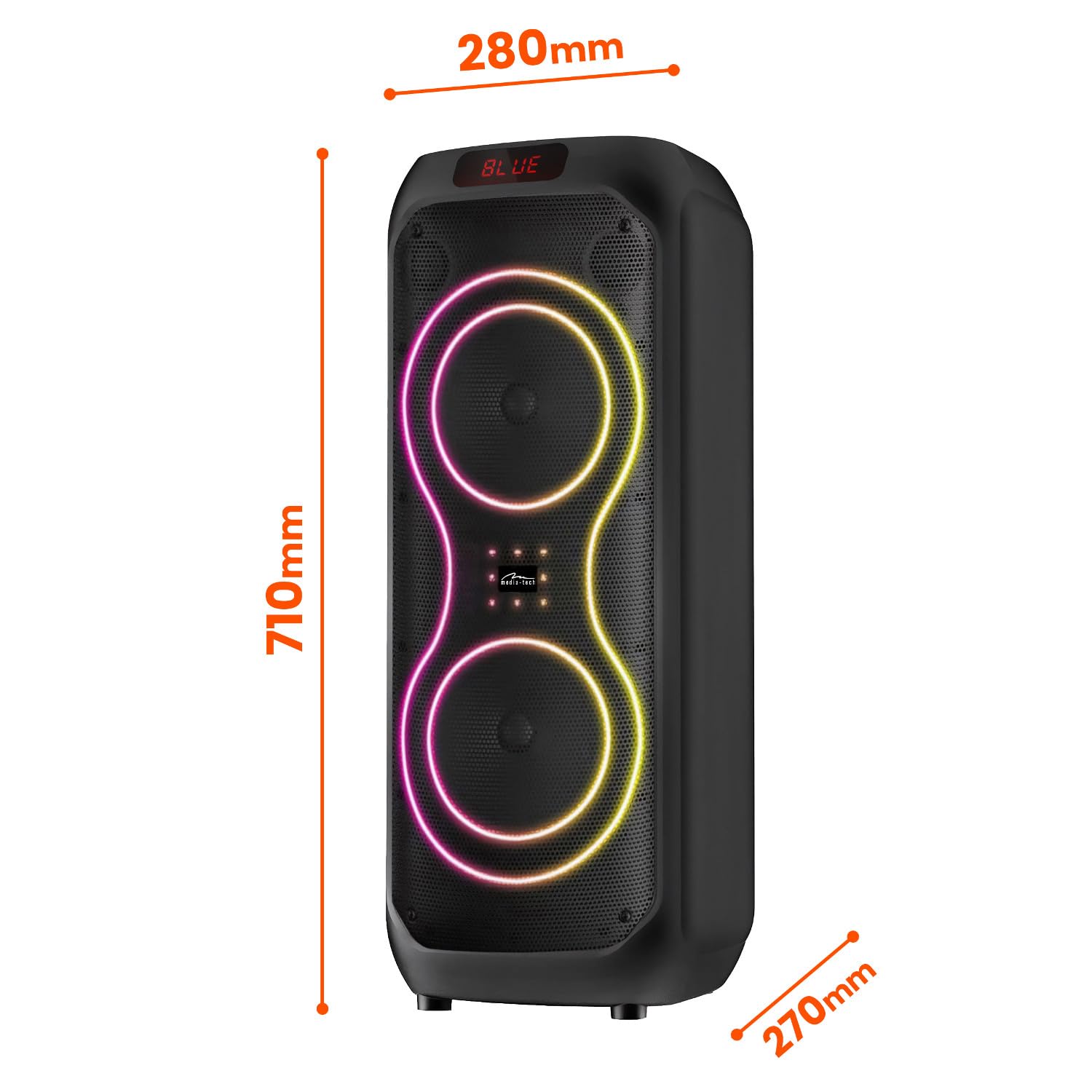 Głośnik karaoke Bluetooth 120 W RMS POWER AUDIO MAX MT3185 przenośny podwójny 8-calowy RGB TWS USB microSD AUX BT 5.3 Głośnik 11 godzin pracy baterii pilot zdalnego sterowania wyświetlacz LED