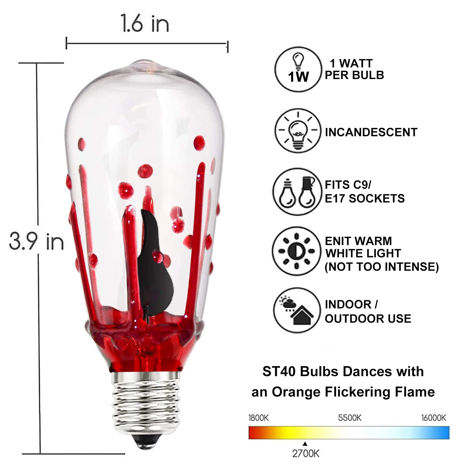 Lampadine a fiamma vibrante ST40, lampadine di ricambio a forma di goccia di sangue, lampadine a LED Edison, arancioni con fiamma rossa, per Halloween, da 1 W a base centrale E17 (confezione da 10)