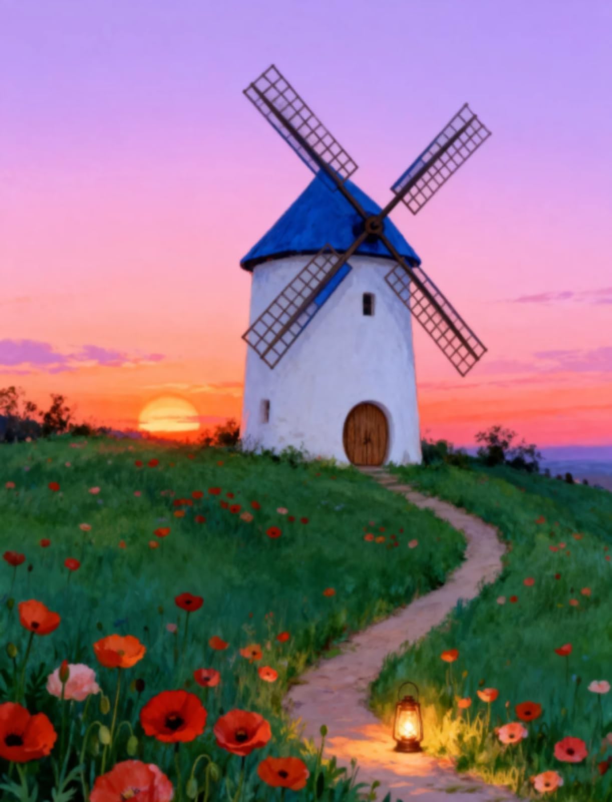 Stithej Pre-Printed Cross Stitch Kit Sunset Windmill 11CT Adult Beginners