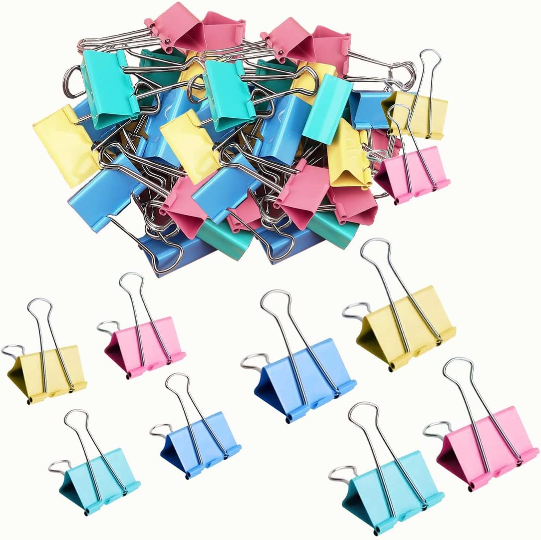 60pcs Colored Binder Clips Paper Clamps Assorted Size