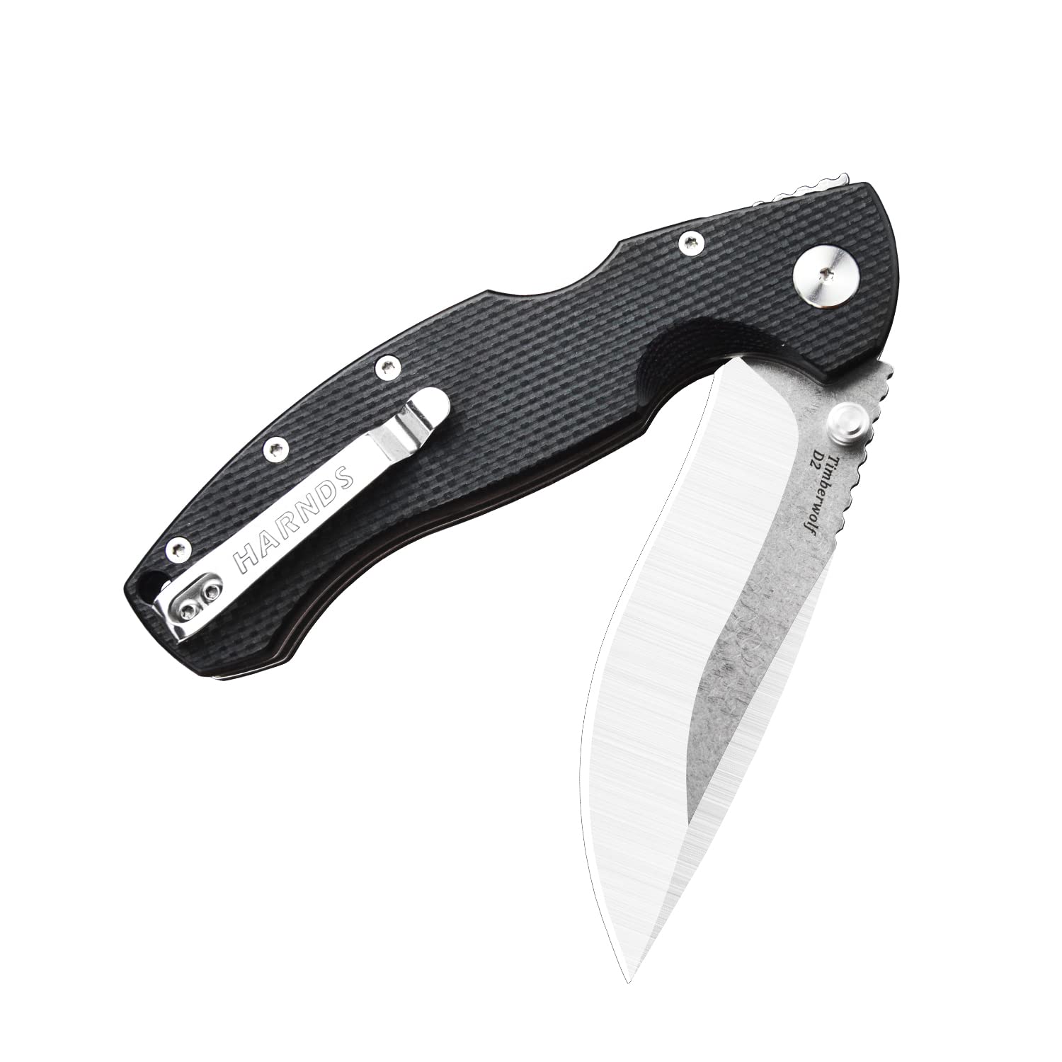 Harnds Timberwolf Cuchillo plegable con hoja de acero D2 de 9.14cm cuchillo de camping con mango backlock G10 filo liso y clip de bolsillo (Lavado de piedra + satén)