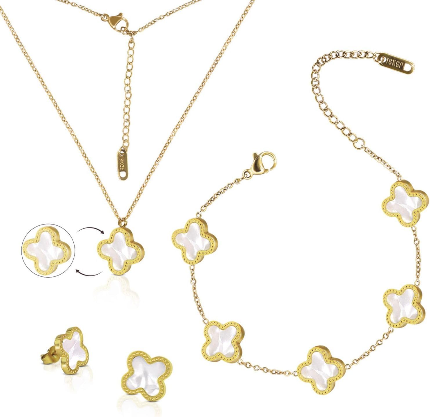 18K Gold Plated Clover Set, Double sided Lucky Clover Bracelet, Earring, Necklace Pendant, for Women, Trendy Gift