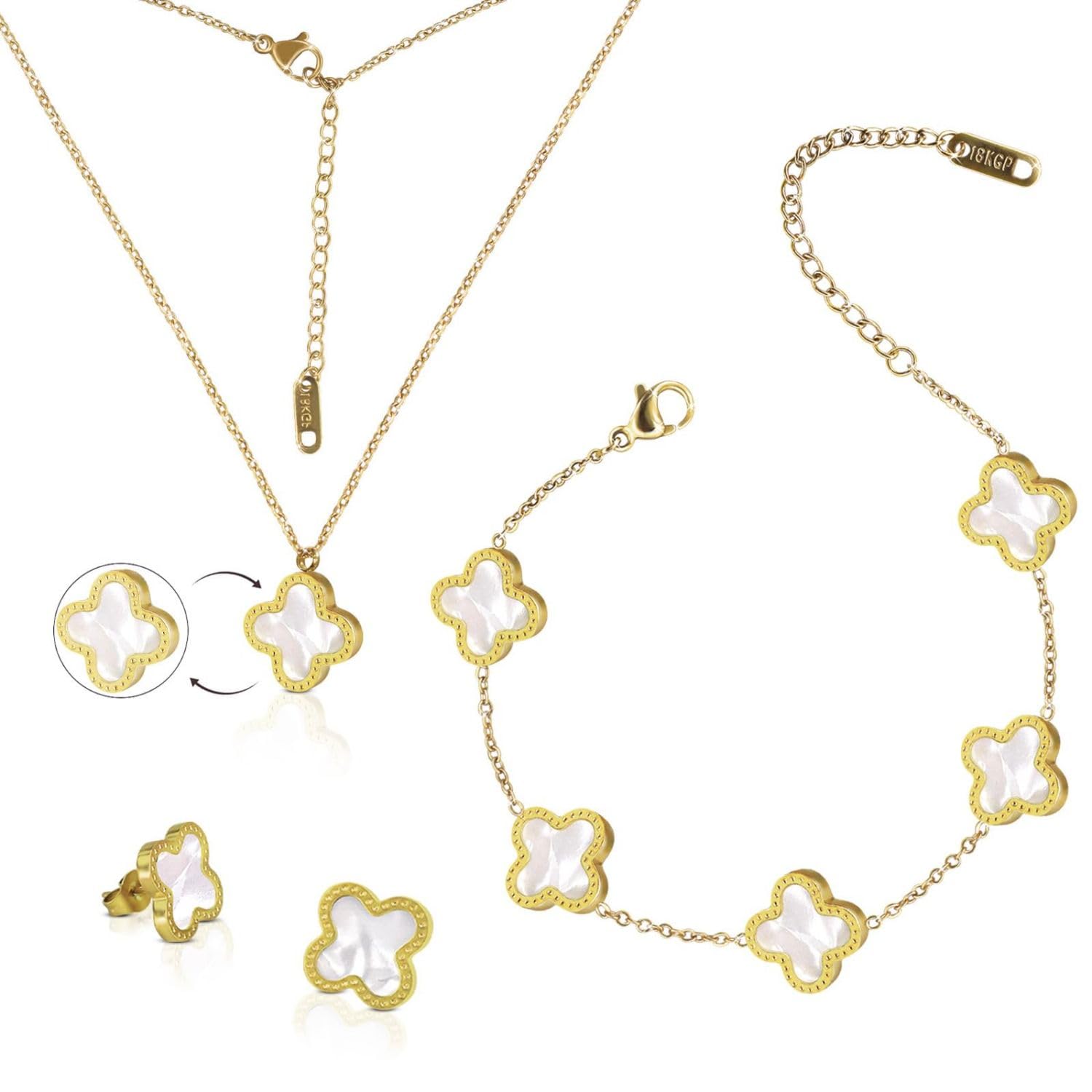 Clover Sets 18K Gold Plated, Double-sided Lucky Clover Bracelet, Earring, Necklace Pendant for Women, Ladies