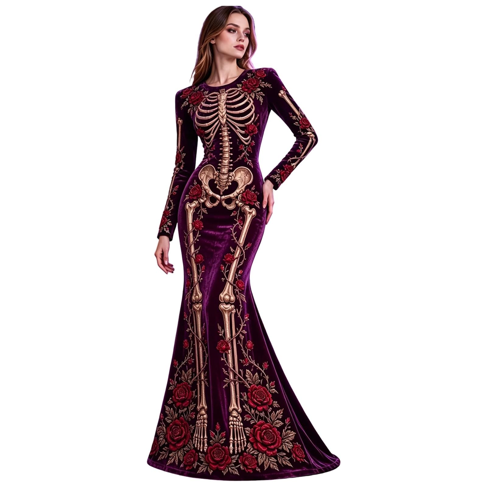 Women's Skeleton Print Mermaid Maxi Dress Long Sleeve Halloween Dresses for Women 3D Digital Print Floral Gothic Fancy Dress Costume — image 1