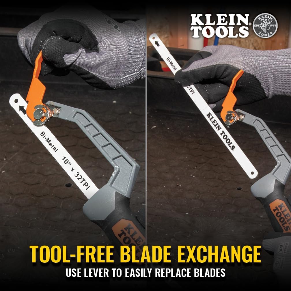 Klein Tools 31432FC Mini Finish-Cut Hacksaw, 10-Inch 32 TPI Bi-Metal Blade Hand Saw, Cuts Plastic, Wood, and Thin-Wall Metal in Tight Spaces image 5