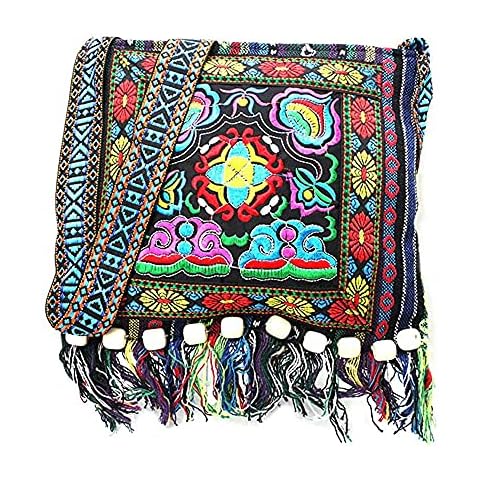 Acrawnni Vintage Ethnic Tribal Embroidered Tassel Sling Crossbody Boho Hippie Shoulder Bag (Blue, One Size) Cover