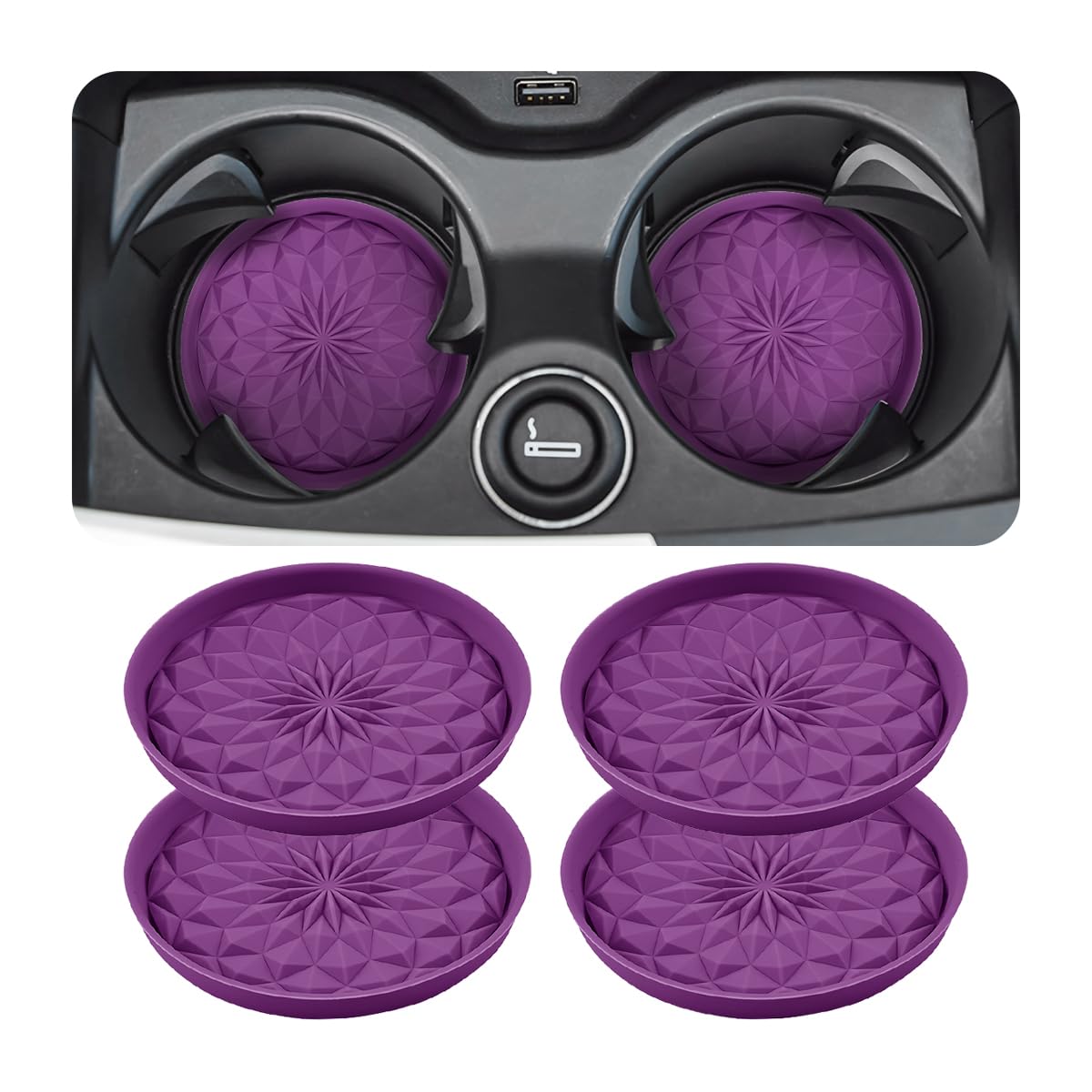 Car Coaster, 4PCS Silicone Non Slip Vehicle Cup Holders Insert Mat, Waterproof Automotive Interior Cupholder Embedded Protection Pad Accessories, Universal for SUV, Sedan, Truck(Purple)