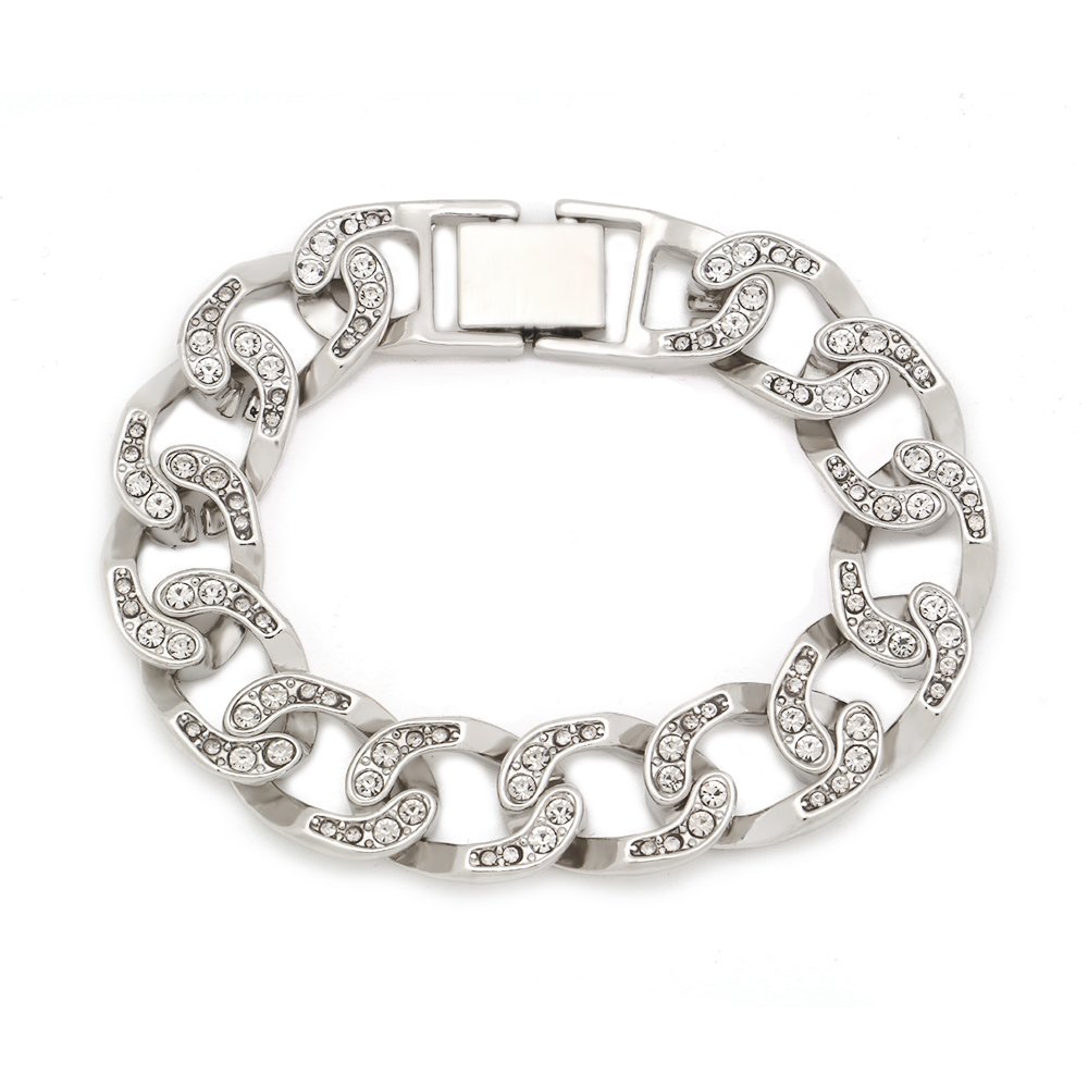 LuReen Mens Womens Chain Hip Hop Iced Out Curb Cuban Bracelet With Clear Rhinestones (Silver)