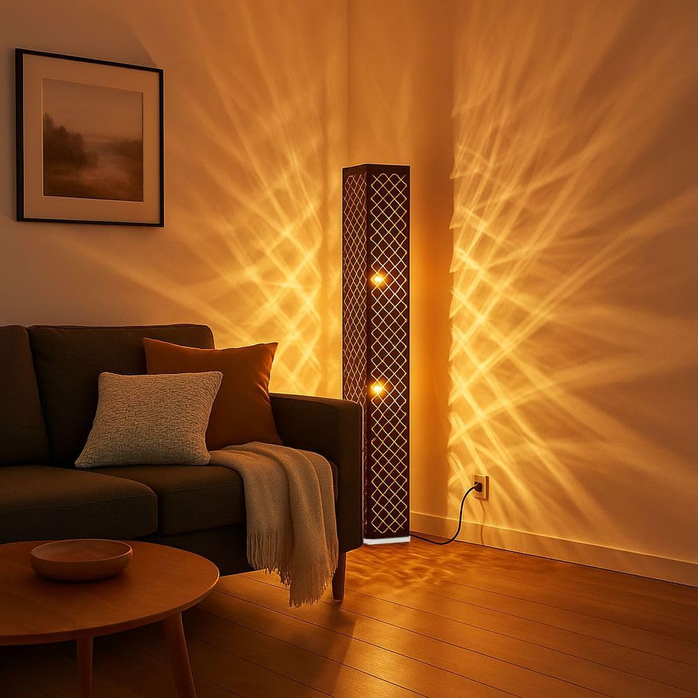 Stehlampe Stoff Standlampe Designleuchte schwarz Wohnzimmer mit Textilschirm Blattgold, Metall silber, 2x E27, LxBxH 15x15x118 cm
