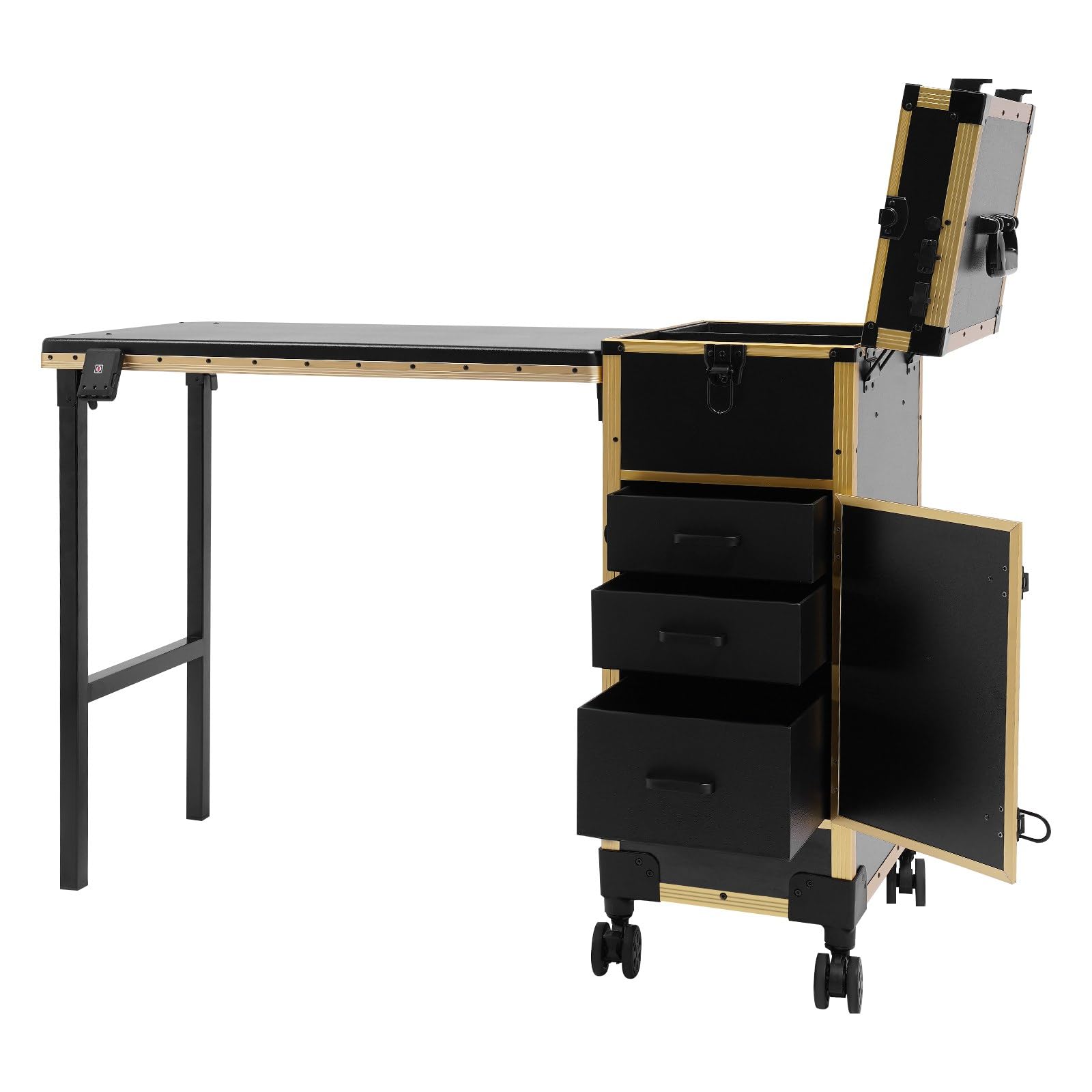 Reise-Schminkkoffer Schminkkoffer Mit Spiegel 3Schubladen Faltbar Kosmetikkoffer Rad Und SchlöSser Friseurkoffer ManiküRe Tisch FüR Professionelle Visagisten Friseure (Schwarz und Gold)
