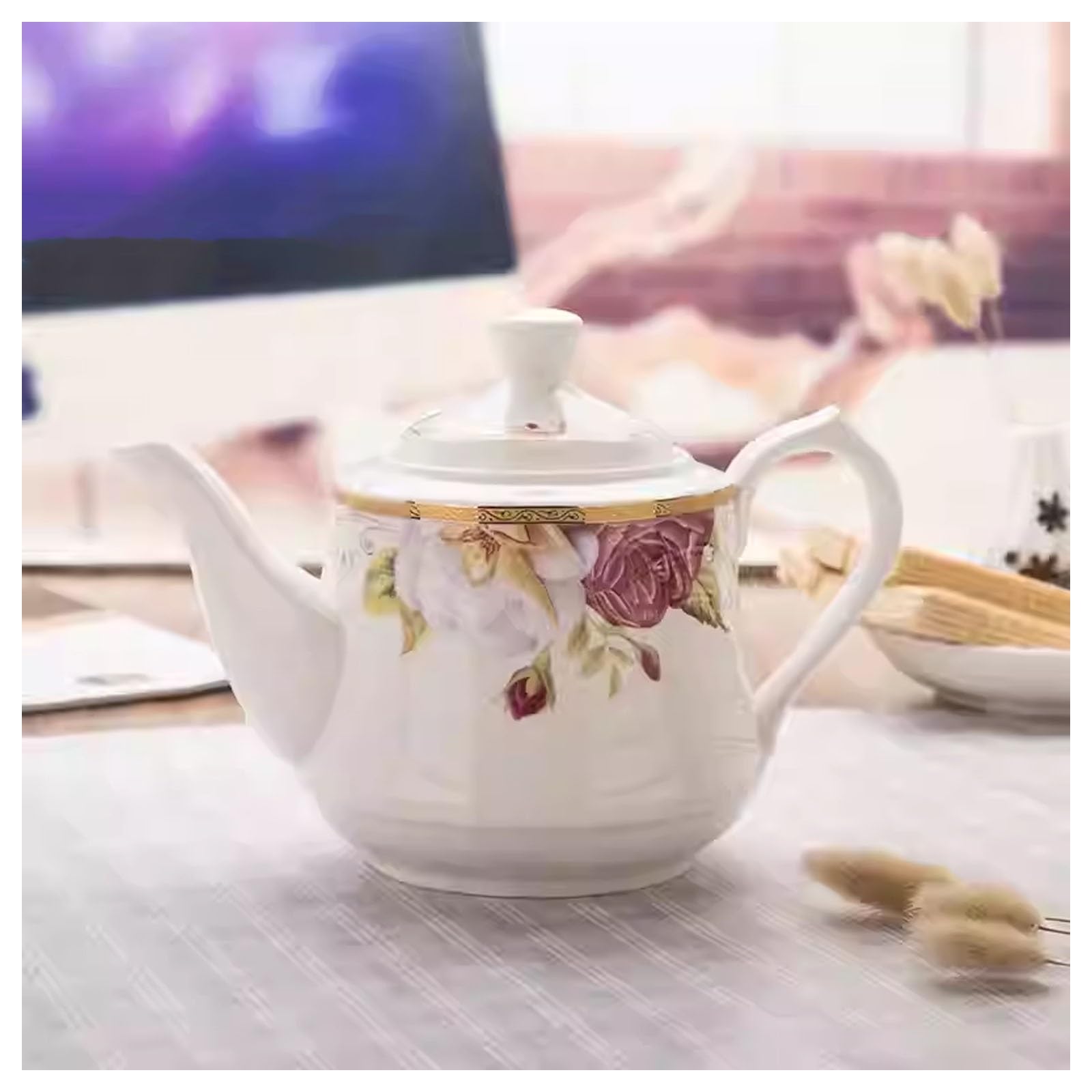 Porcelanowy czajniczek w stylu vintage, odporny na wysokie temperatury, zestaw do herbaty, popołudniowa herbata, dzbanek do kawy, do biura, domu, ze złotym brzegiem, pojemność 1000 ml