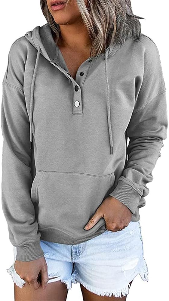 ZOCANIA Button Down Shirts Hooded Drawstring Hoodies with Pockets Sweatshirts Casual Long Sleeve Pullover Tops