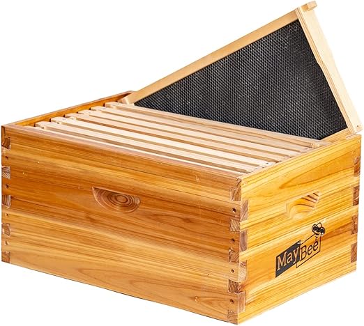 MayBee 8-Frame Beehive Box Langstroth Deep Brood Box Dipped in 100% Beeswax Includes Wooden Frames & Waxed Foundations (Unassembled)