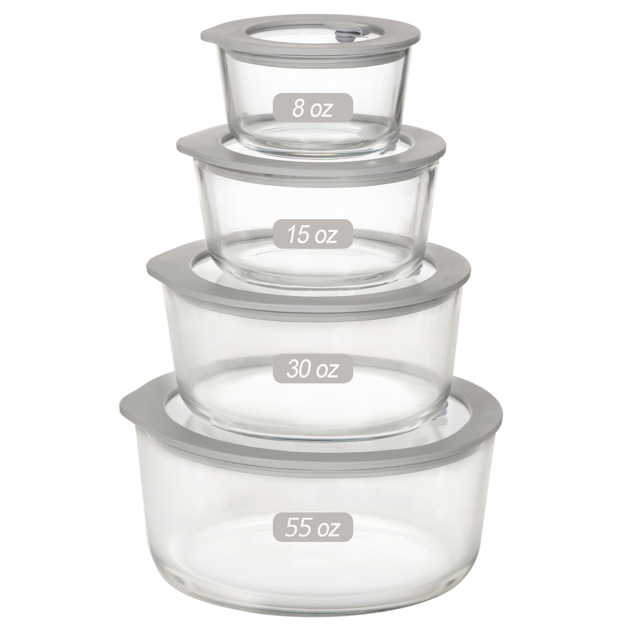 Glass Food Containers with Glass Lid, Microwave Safe Food Storage Container, Large 4 Pack Round Shape, Food Containers with Lids, Meal Prep containers with Leak Proof Lid.