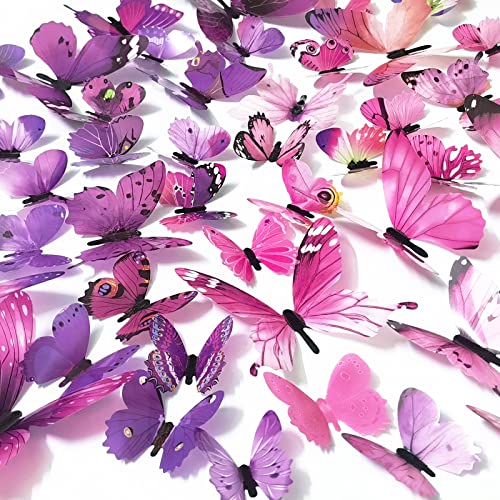 Ewong 72PCS Butterfly Wall Decals 3D Butterflies Wall Art Craft Decor Removable Mural Sticker Home Kid Girl Bedroom Bathroom Baby Room Nursery Classroom Office Party Decoration (Pink Purple)