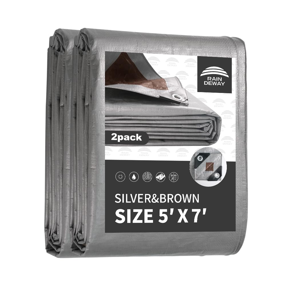 tarps heavy duty waterproof 5x7 feet, 10mil multipurpose small tarp cover with metal grommets and reinforced edges, silver/brown tarp by raindeway