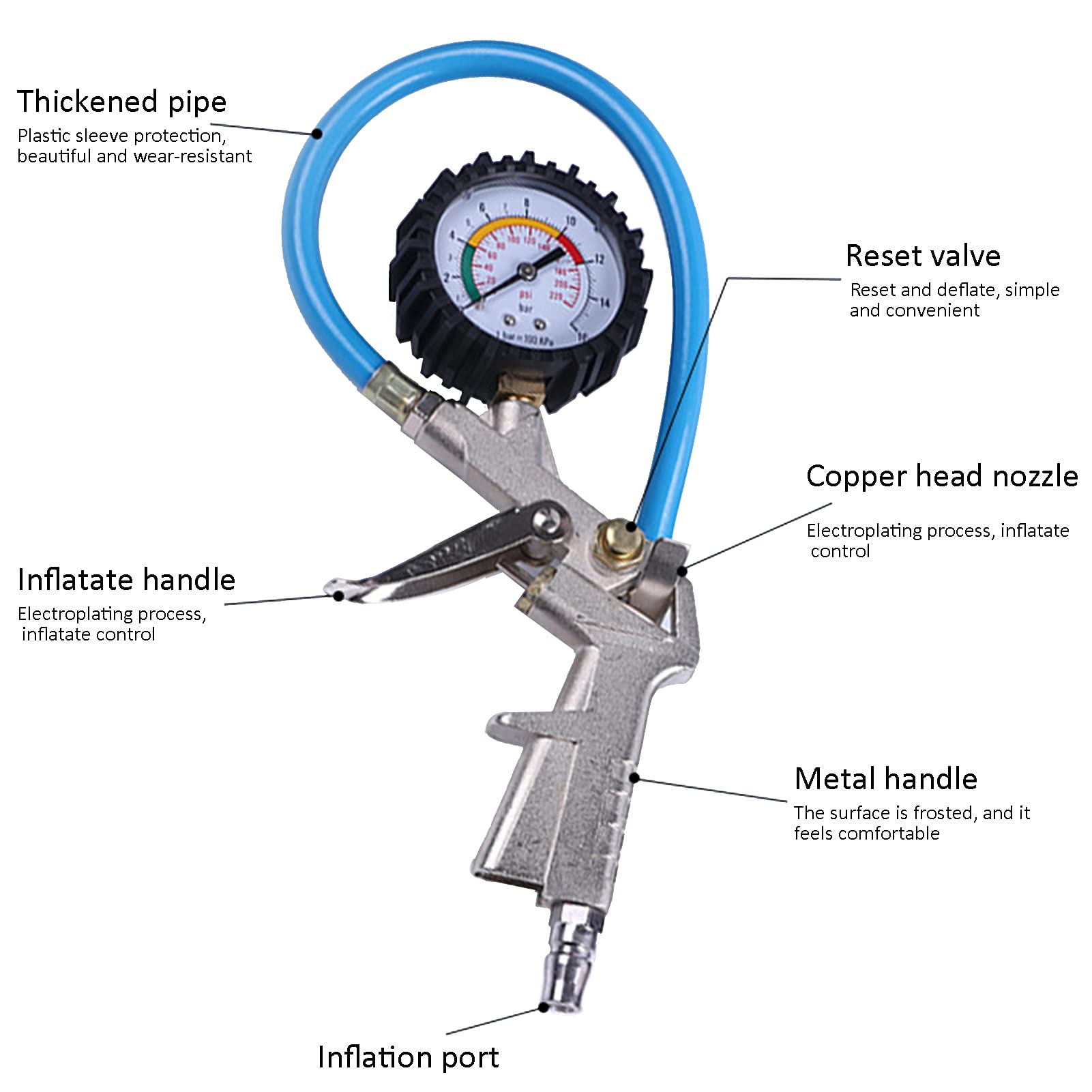 Gonfiatore per pneumatici, manometro per gonfiaggio pneumatici, sgonfiaggio per gonfiaggio pneumatici con manometro 0‑220psi 16bar Mandrino ad aria universale per auto, camion, motocicli, lega di zinc