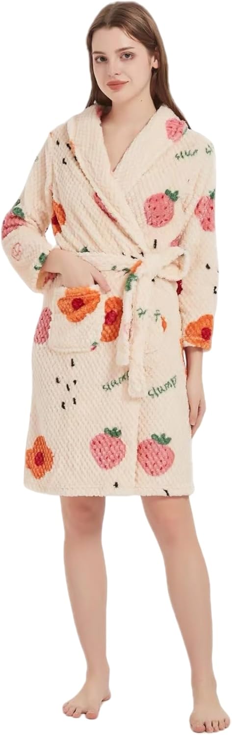 Women's bathrobe Floral Strawberry Print Wrapped Belted fleece Lounge Robe, Casual Pocket Shawl Collar Thermal Robe