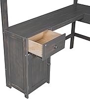 Vista 9 de Cama tipo loft de tamaño matrimonial con escritorio en forma de U, 1 armario y 2 cajones, 4 estantes de almacenamiento, marco de cama de madera