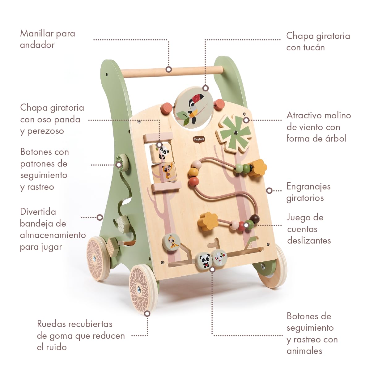 Tiny Love Andador Bebes Madera, 2-en-1 andador de actividades, 12 actividades interactivas, habilidades motoras, desarrollo cognitivo, diseño natural, más de 18 meses, Boho Chic