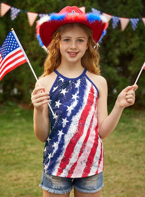 Image of BesserBay Girls Summer Back Button Halter Neck Tank Top Cold Shoulder Casual Blouse Pleated Sleeveless Shirts 5-14 Years
