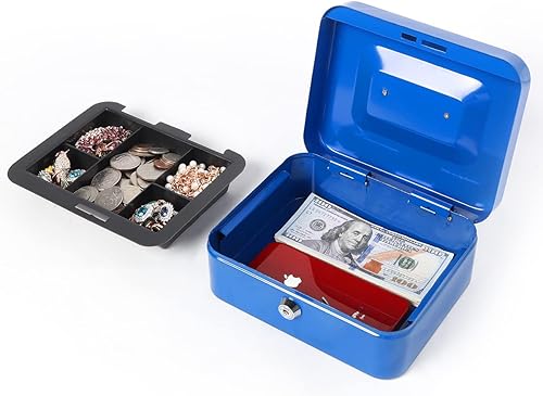 Vista 74 de Caja de dinero pequeña con bandeja de dinero y cerradura, caja de dinero de metal para efectivo, caja de seguridad 7.87 x 6.3 x 3.54 pulgadas