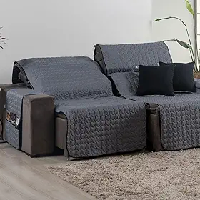 Capa para Sofá Retrátil 4 Lugares Tamanho King 2,40m 400 Fios + 2 Capa de Almofada | Protetor de Sofá Retrátil com Bolso (Cinza/Preto)