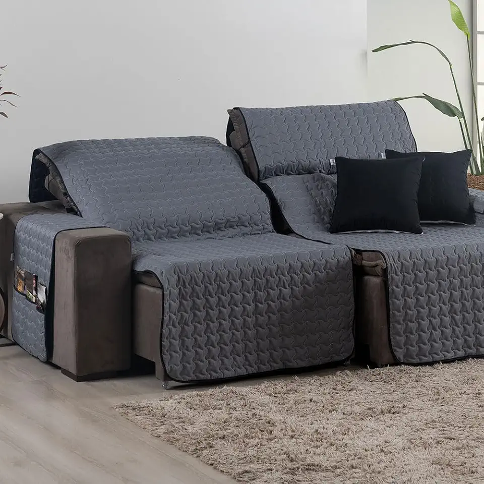 Capa para Sofá Retrátil 4 Lugares Tamanho King 2,40m 400 Fios + 2 Capa de Almofada | Protetor de Sofá Retrátil com Bolso (Cinza/Preto)