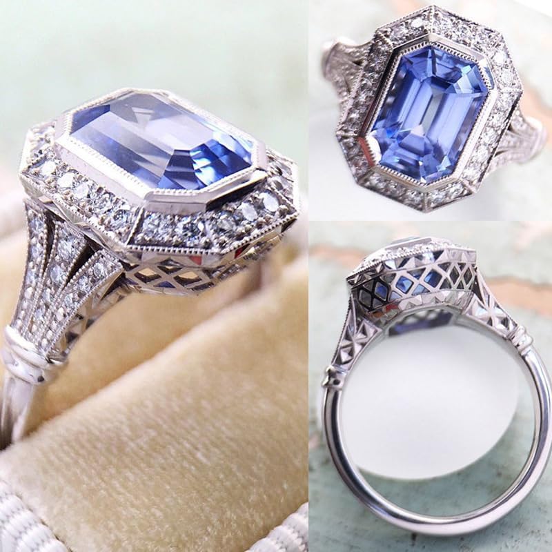 Mnyixsi 925 Sterling Silver Blue Created Sapphire and Moissanite Wedding Engagement Ring Band Bridal Ring Blue CZ Statement Ring Cubic Zirconia Cocktail Ring for Women Size 7 - Image 2
