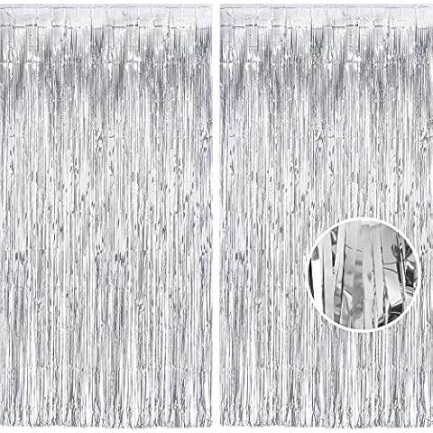 Silver Foil Fringe Curtains, BRAVESHINE Tinsel Curtains Photo Booth Backdrop Tinsel Streamer Curtains For Birthday Wedding Engagement Baby Shower Party (2 Pack,1X2.5m) Cover