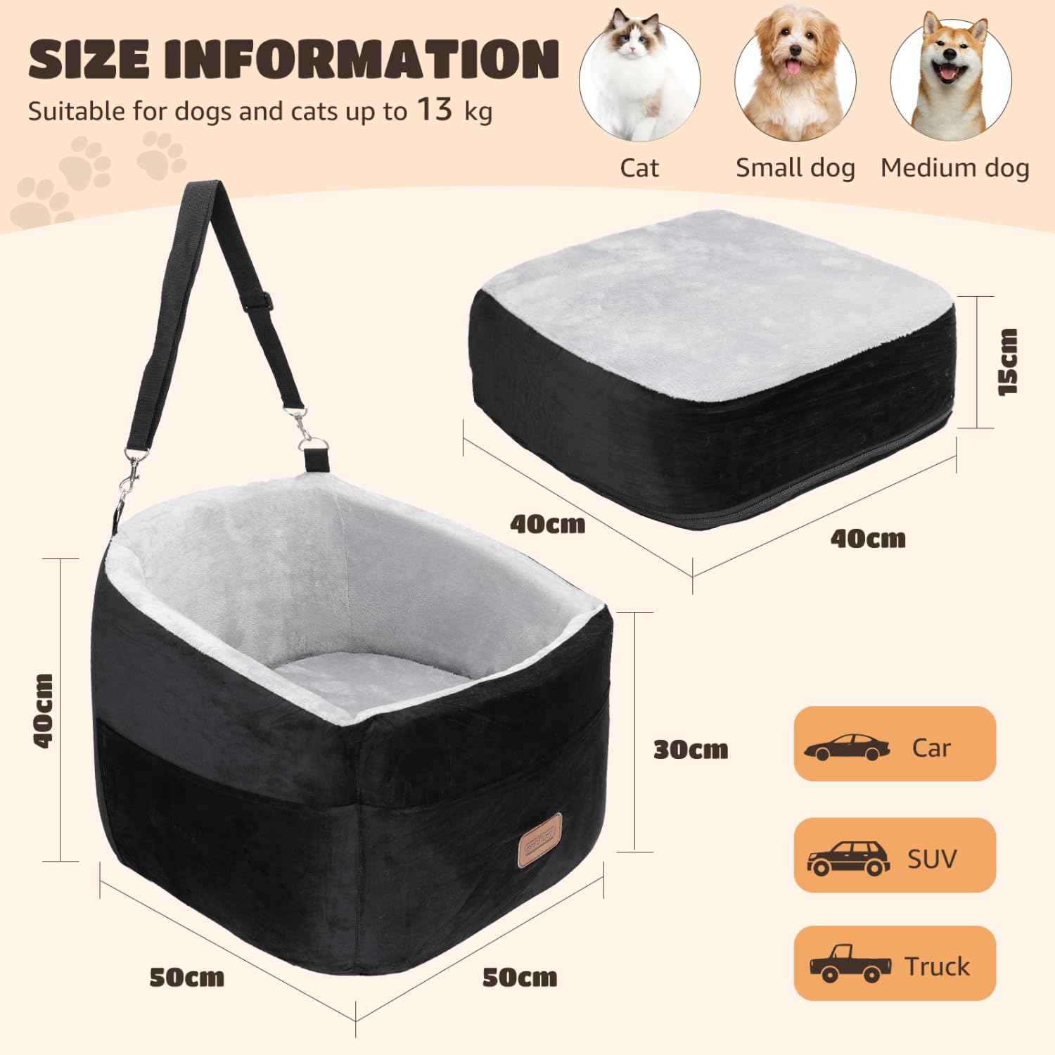 Nobleza Asiento Perro Coche Pequeño, Asiento Elevado para Mascotas con Cojín Grueso y Bolsillos, Cama Perro Coche Lavable para Perros y Gatos, 50 x 50 x 40 cm, Negro