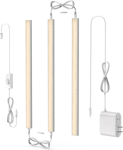 ASOKO Luces LED regulables para debajo del gabinete, blanco cálido 3000 K, 3 piezas de 12 pulgadas conectables LED enchufe de iluminación de