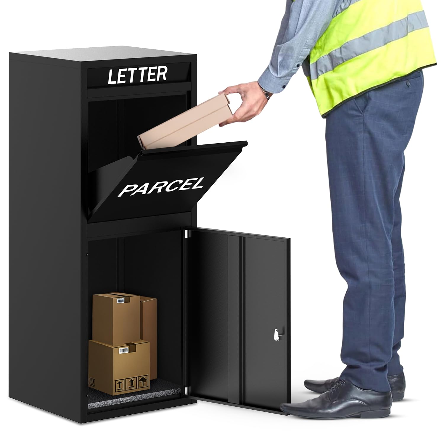 BELOFAY Floor Mounted Parcel Box, Lockable Outdoor Parcel Delivery Box, Weatherproof Steel Drop Box with Flip Lid & Secure Front Door Access, Black, 28.3D x 41.4W x 102.4Hcm โ image 1