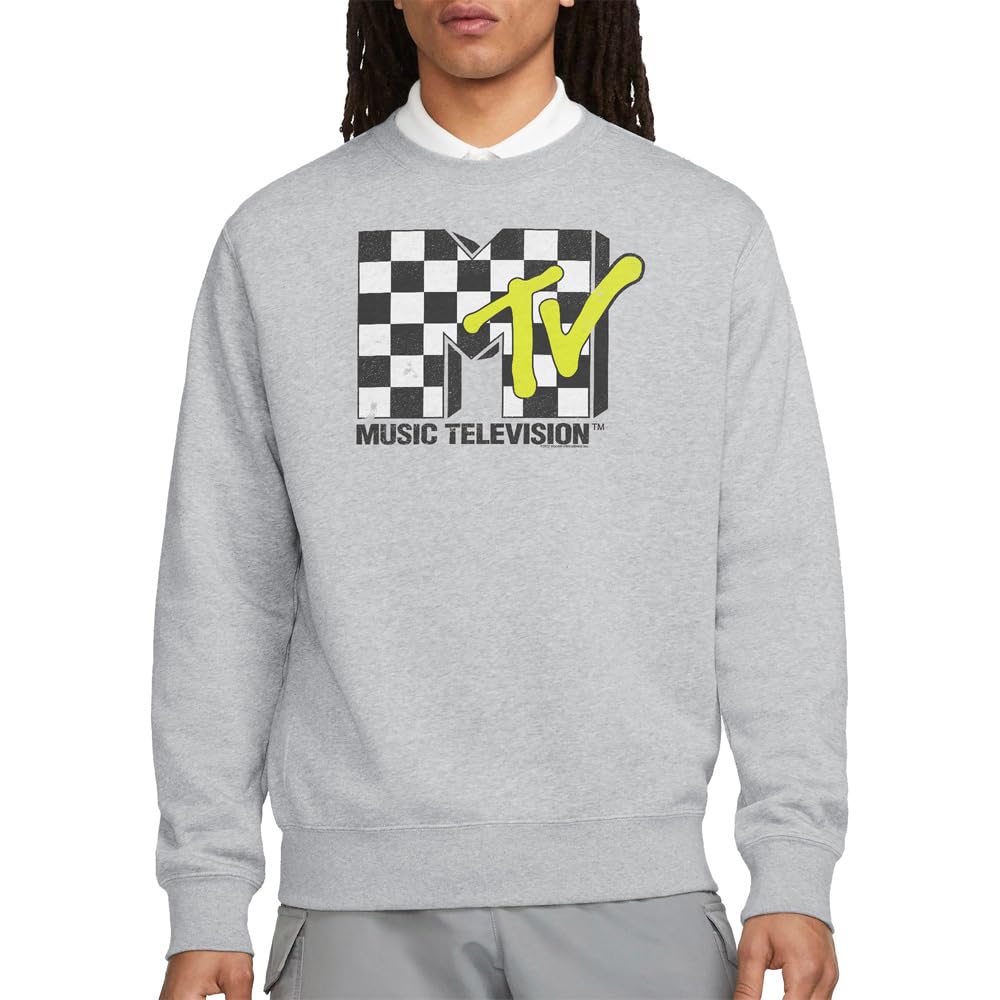 MTV Checker Board Logo Crew Sweatshirt, Athletic Heather, Medium
