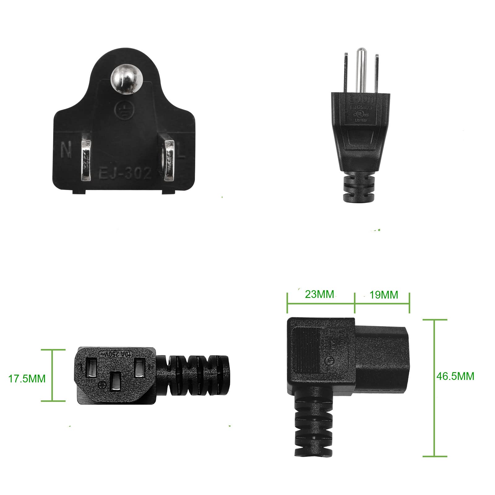 Cable de alimentación de 3 clavijas en ángulo recto de 12 pies, cables de CA resistentes para cable tipo ángulo C13, cable de alimentación de 90 grados, monitor de PC, conector de 3 pines, cable de