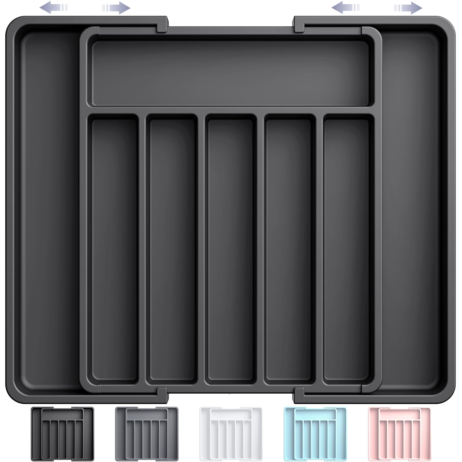 Aujen Expandable Kitchen Drawer Organiser - Adjustable Cutlery Tray, Multipurpose Storage for Forks, Knives, Black, Large