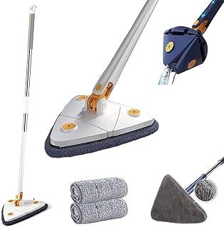 MIMIMACHI 360° Rotatable Adjustable Cleaning Mop,New Triangle Cleaning Mop with Automatic Water Squeezing Function,Multifunctional Extendable Wall Cleaning Mop,Wet and Dry (White)