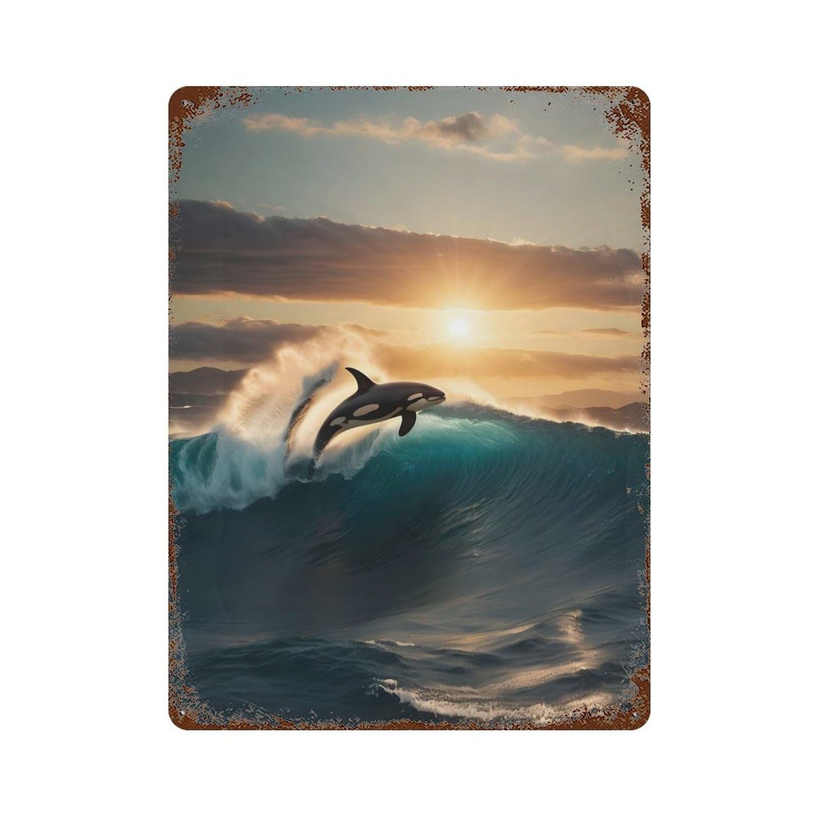 Killer Whale Of Sunset Rust Effect Tin Sign 15.7"x11.8", Ideal for Farmhouse, Kitchen And Entryway Decor