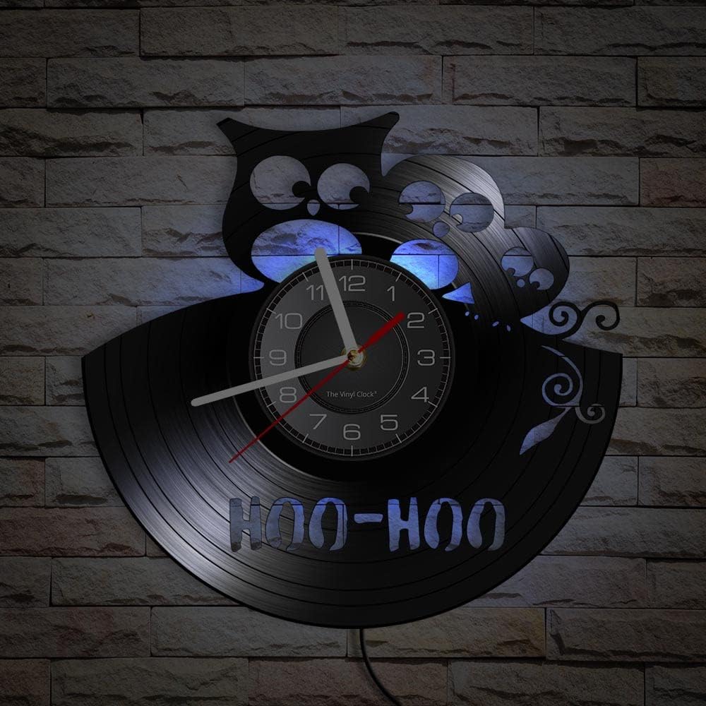 12'' Hoo Hoo Baby Owl LED Vinyl Record Wall Clock with 7 Colors Changing, Kid Room Nursery Decorative Animal Wall Decor Night Light Silent Quartz Non-ticking Wall Clock Watch Owl Lovers Gift