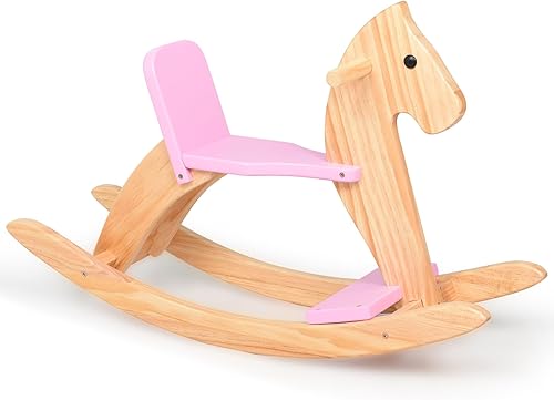 Caballo mecedor de madera para bebé, juguete para niños pequeños, diseño clásico con pedal y respaldo seguro para niños pequeños (rosa)