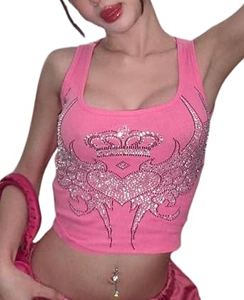 Tank Tops for Women Girls Heart Graphic Rhinestone U-Neck Sleeveless Tops Coquett Summer Mcbling Clothes