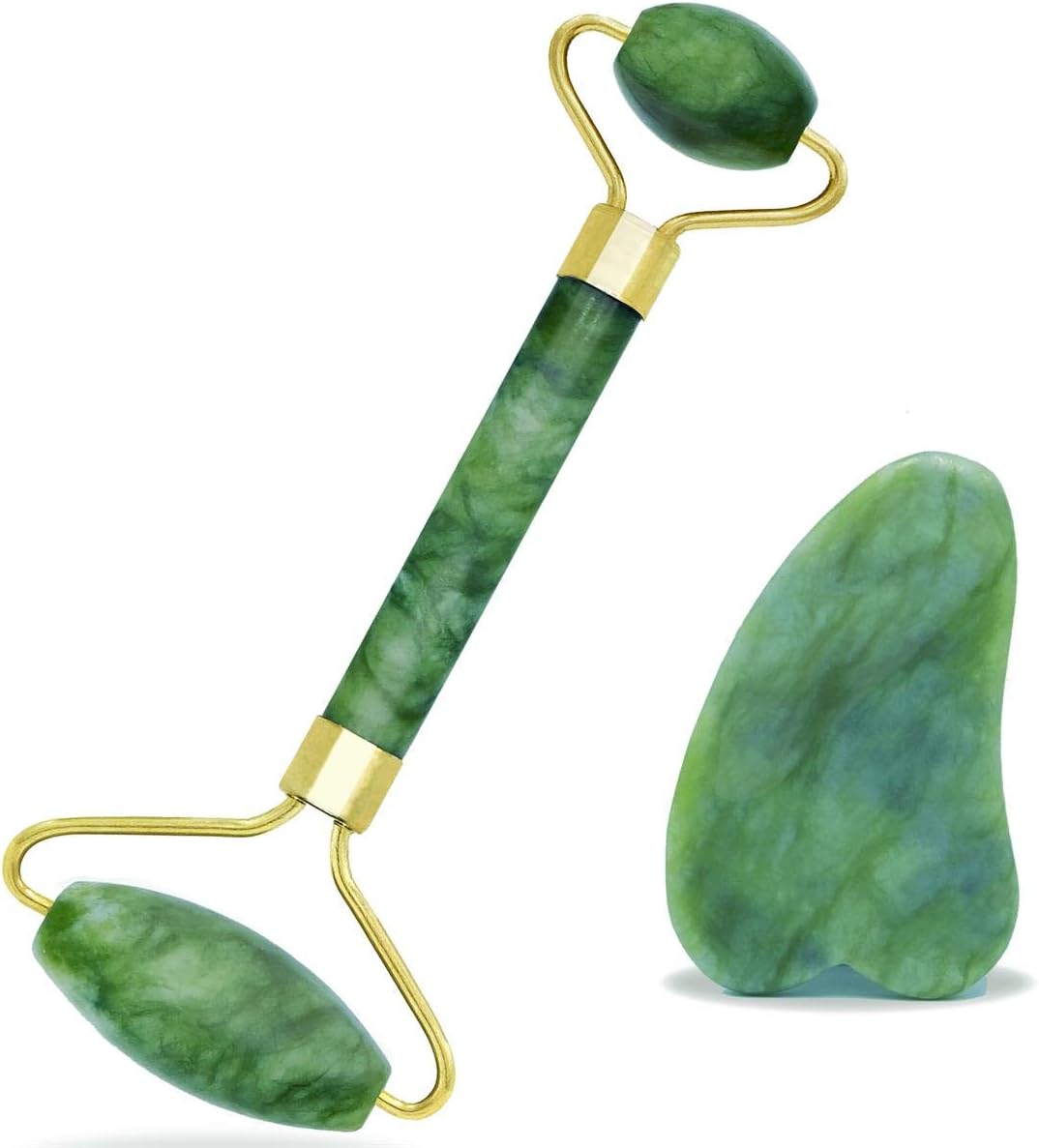 Jade Roller for Face | Gua Sha Facial Tool Set 2 in 1 by LivEssence | 100% Natural Skin Physical Massage Therapy Set for Anti-Aging, Facial Beauty, SPA, Whole Body Relaxation
