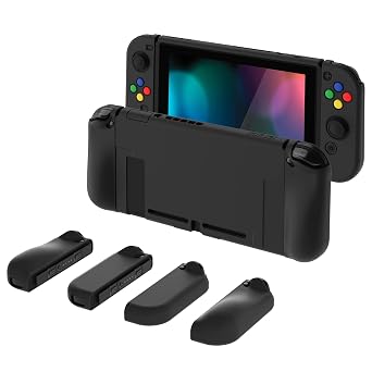 PlayVital AlterGrips Ergonomic Grips Cover for Nintendo Switch, [2 Design] Interchangeable Comfort Dockable Protective Case with Screen Protector & Thumb Grip Buttons Caps - Black