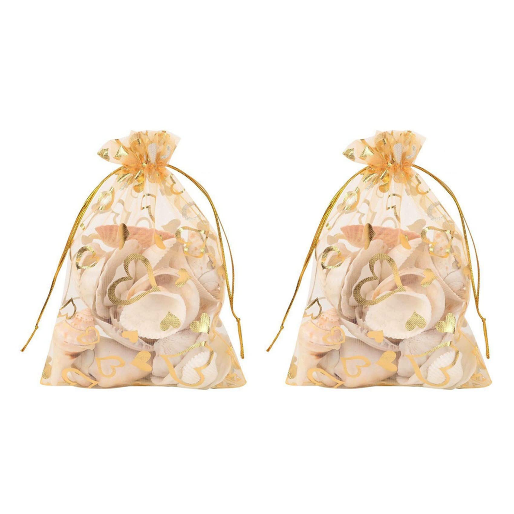 Hndhbfgrt 200Pcs 9X12cm Sheer Drawstring Heart Organza Jewelry Pouches Wedding Party Christmas Favor Gift Bags (Gold)