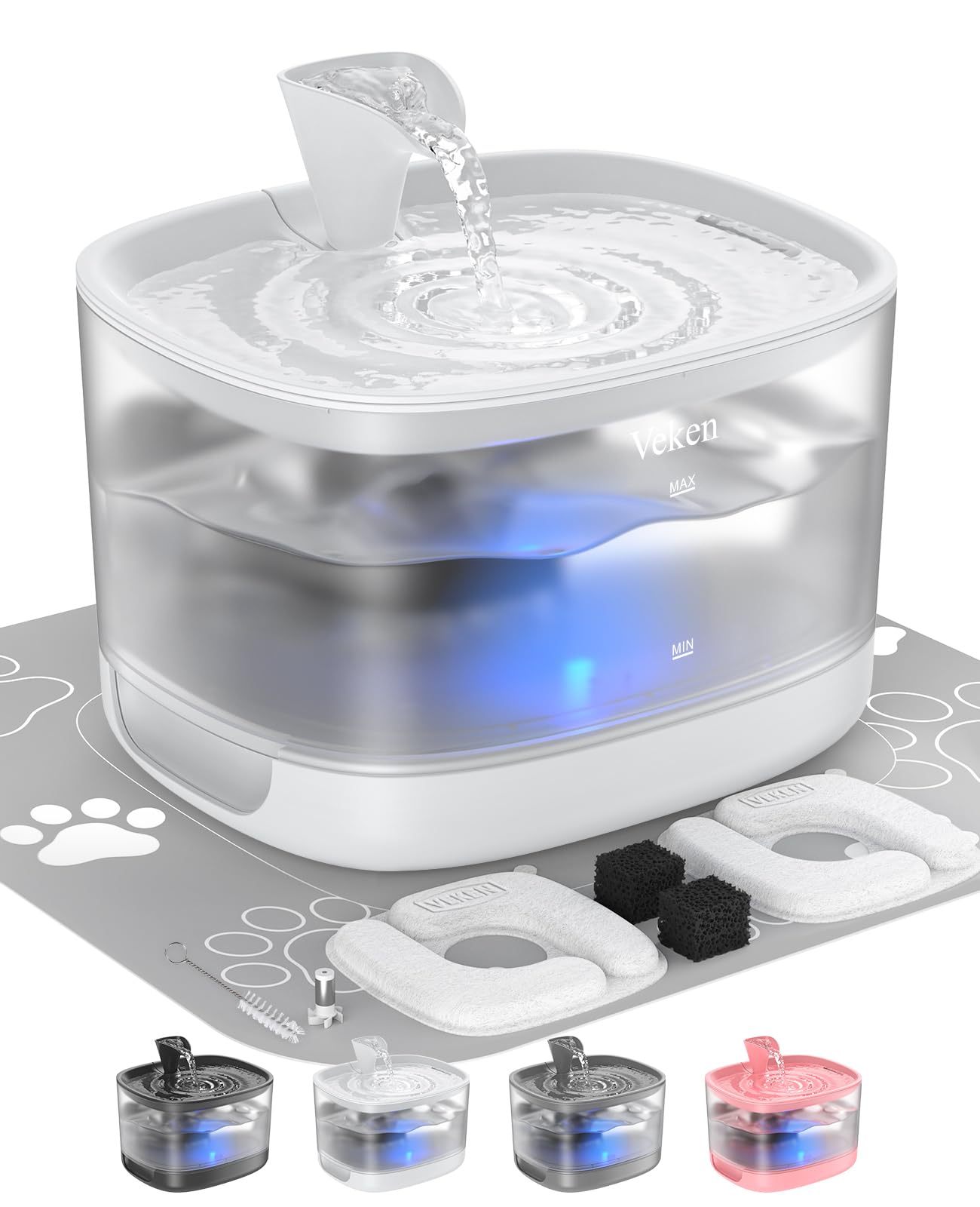 Veken Cat Water Fountain with Detachable Tank, Easy to Clean & Assemble, 84oz/2.5L Automatic Pet Drinking Dispenser with Quiet Operation & LED Light