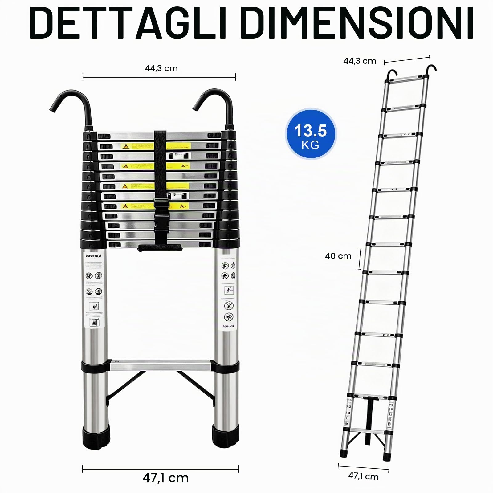 Scale a telescoppo da 5,1 m con cerniere rinforzate, scala estesa extra alta anti-oscillazione, scala pieghevole retrattile anti-goccia da 150 kg per edifici di 2-3 piani.