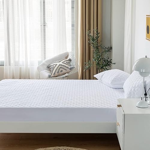 Miniatura 4 de jejeloiu Protector de colchón acolchado blanco, 100% impermeable, transpirable, tamaño Queen, protector de colchón de 14 pulgadas de profundidad de